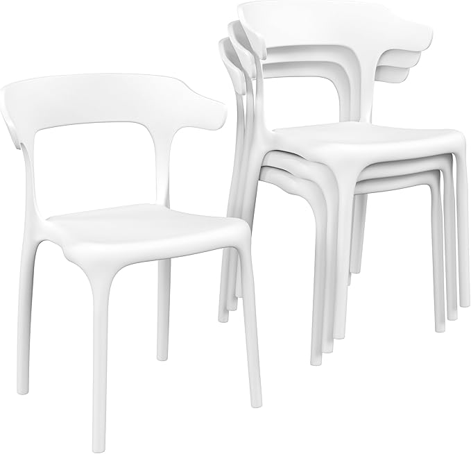 VECELO 4 Pack Plastic Stacking Chairs, Stackable Dining Chairs for Kitchen Restaurant Patio, Portable Indoor Outdoor Use, No Assembly Required, White VECELO