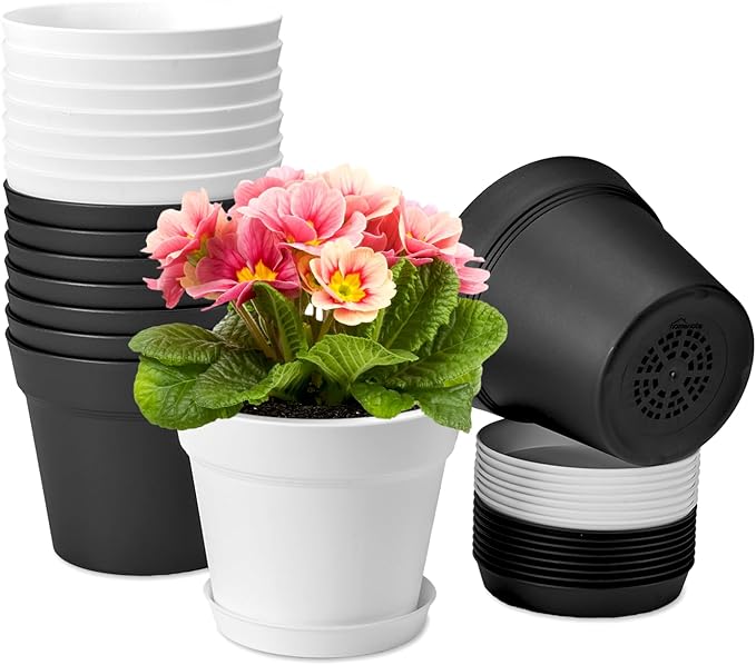 homenote Plant Pots,6 Inch Flower Pots for Plants Plastic Planters for Indoor with Multiple Drainage Holes and Trays, for All Home Garden Flowers Succulents,Outdoor(White&Black,16 Pack) HOMENOTE
