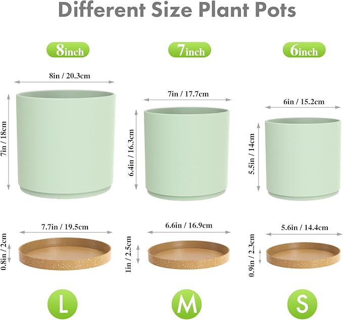 8/7/6 inch Plant Pots, 3 Pack Cylinder Flower Pots for Outdoor Indoor Plants, Decorative Plastic Planters with Drainage Holes and Saucers for Garden House Plants, Green with Brown Meowell