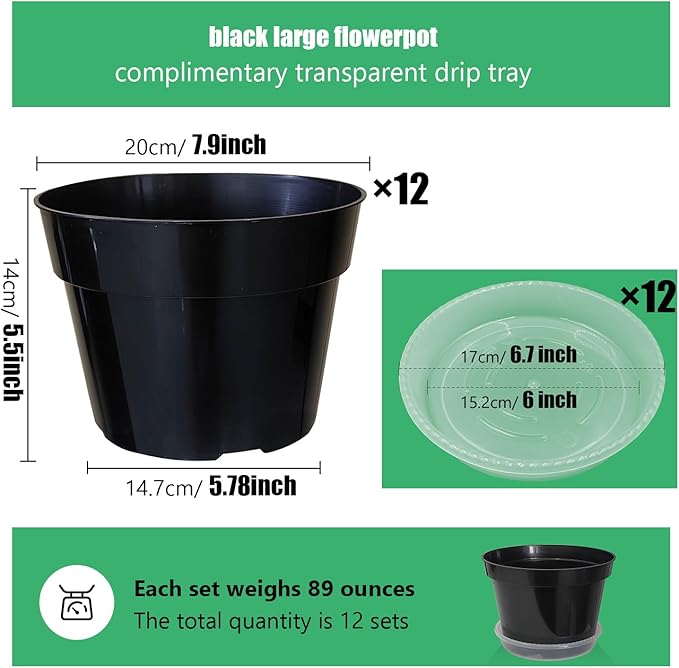 12 Pack Plant Pots, 8 Inch Plant Planter with Clear Saucer, Plastic Pots for Plants Indoor and Out Door Such as Strawberry, Herb and Flowers (Black) RooTrimmer