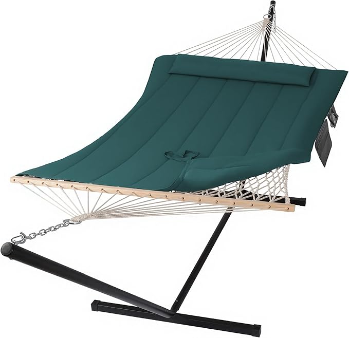 SUNCREAT Hammocks Two Person Hammock with 12ft Stand Included, Max 475lbs Capacity, Heavy Duty Free Standing Hammock, Dark Green SUNCREAT