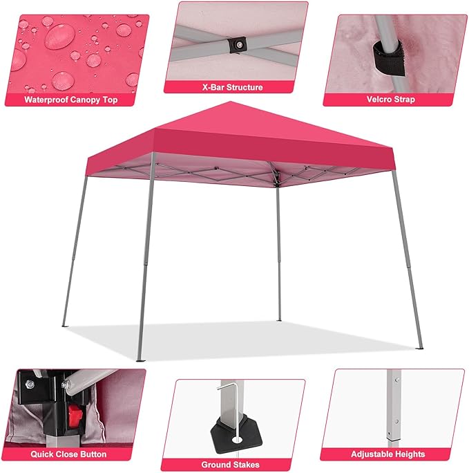 Canopy Tent, 10X10 FT Pop Up Canopy Outdoor Instant Tent Slant Legs with Carrying Bag, Portable Gazebo Shelter for Patio Deck Garden and Beach - 8X8 FT Canopy Cover (Red) Oneofics