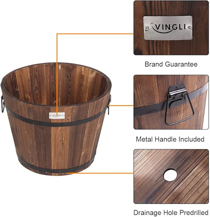 VINGLI 3 PCS Large Wooden Planter Barrel Set, 11.5"(Dia)- 18"(Dia) Real Wood Indoor/Outdoor Flower Pot w/Drainage Holes, Different Sizes, Large Garden Container Box VINGLI