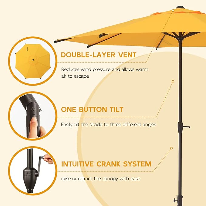 Abba Patio 9FT Lyon Outdoor Patio Umbrella Outdoor Table Umbrella with Crank Market Umbrella 8 Sturdy Ribs UV Protection Waterproof and Push Button Tilt for Garden Deck Backyard Pool,Yellow AbbaPatio