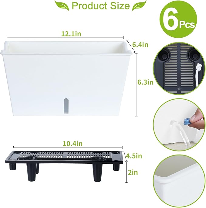 Window Box Planter 6 Pcs, 12.1 Inches Self Watering Plant Pots Rectangle Flower Pots with Drainage Holes and Breathable Trays, Vegetable Planters for Windowsill Patio Garden Balcony Porch Yard (White) Oliz