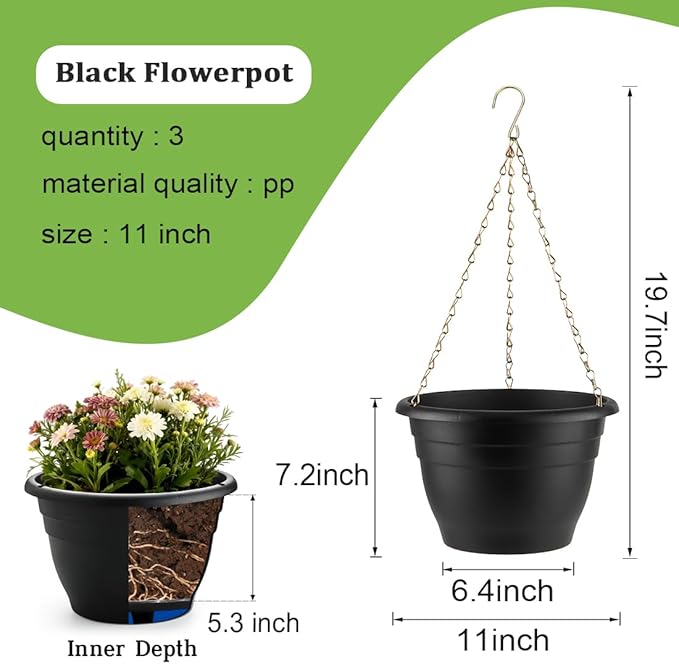 Hanging Planters 11 Inch, 3 Pcs Flower Pots with Drainage Hole, Self Watering Hanging Basket for Indoor Outdoor Plants, Decor, Black RooTrimmer