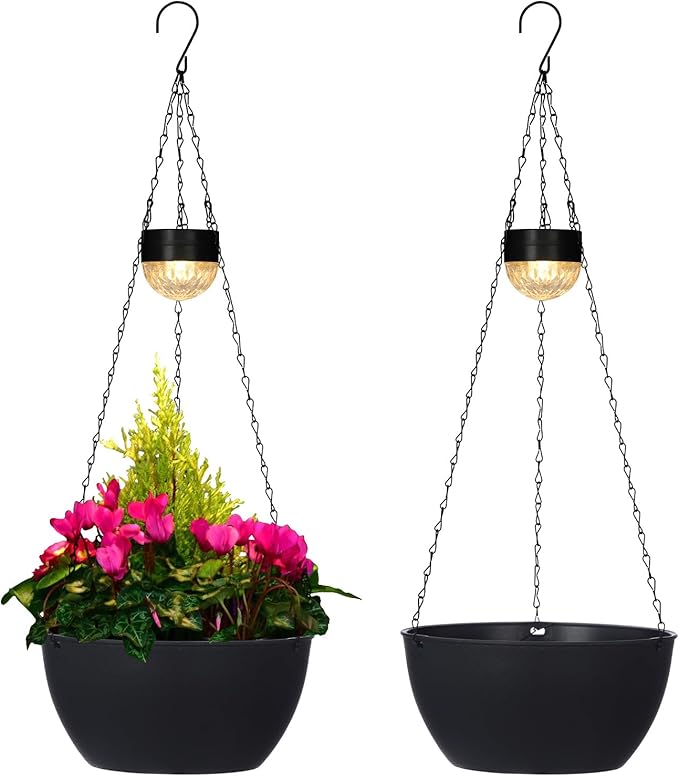 BAYN 2 Packs Solar Hanging Basket Planters for Plants Outdoor, Self Watering Black Flower Plants Pots with Solar Light Drainer for Balcony Patio Garden Outdoor Decoration BAYN