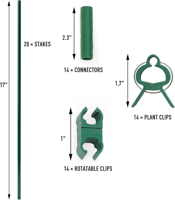 MAXPACE 62pcs Garden Stakes Kit: Includes 20 Sets of Fiberglass Plant Sticks Supports & Accessories for DIY 4ft, 5ft, 6ft, 7ft Stakes for Tomato, Vegetables, Indoor & Outdoor Gardening Supplies MAXPACE