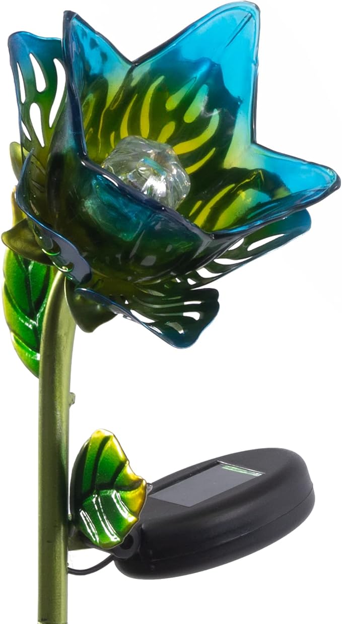 Crosslight Glass Flower Solar LED Waterproof Outdoor Garden Stake - Decorative Electronic Light Garden Decor for Yard, Lawn, Patio, Deck, Pathway, Pond, Backyard (Blue) Crosslight