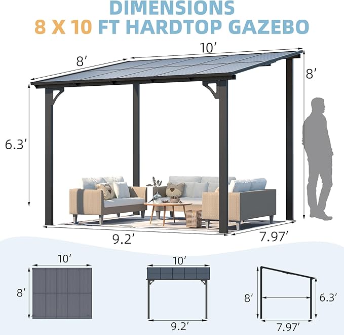 AECOJOY 10' x 8' Gazebo for Patio, Small Wall-Mounted Lean to Gazebo Pergola with Roof (80 Sq.Ft Shaded) on Clearance, Hard Top Heavy Duty Awnings for Decks, Backyard and More AECOJOY