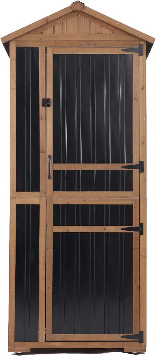 Large Outdoor Storage Cabinet with 4 Shelves, Wood Outdoor Storage Shed with Weatherproof Roof, Lockable Doors, Tall Outdoor Patio Cabinets for Garden Tool and Accessories, Brown MAGAZOOPET