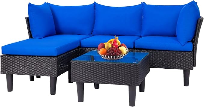 FDW 5 Pieces Patio Furniture Sets Outdoor Sectional Sofa Wicker Chair Rattan Conversation Set for Outdoor Backyard Porch Poolside Balcony Garden Furniture with Coffee Table,Blue Cushion FDW