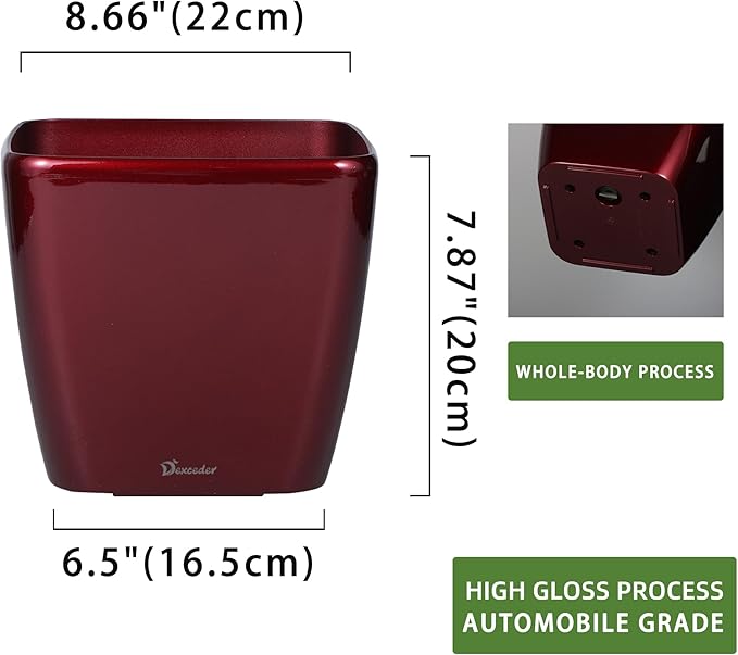 Dexceder 9x8 Self Watering Planter Indoor Outdoor, Inner Mat Design, Thickened Table Flower Plant Pot with Water Level Indicator (Red High Gloss) Dexceder