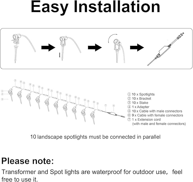 SUNTHIN Outdoor Landscape Lighting, 10 Pack Outdoor Spot Lights with Transformer for Yard, Plant, Lawn, Tree, Flags, House, Garden, Fence Use, IP65 Waterproof & Connectable SUNTHIN