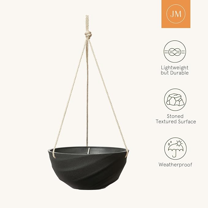 La Jolie Maison 10 Inch Hanging Planters for Indoor Plants, Outdoor Garden Planter Pots with Self-Watering Tray, Jet Black, Spiral Pattern, Set of 2 LaJolieMaison