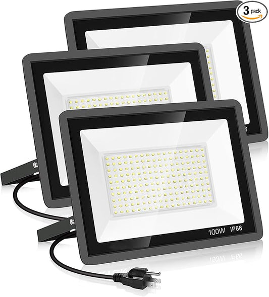 3 Pack 100W Led Flood Lights Outdoor,Super Bright 11600LM Security Lights with Plug,Exterior IP66 Waterproof 5000K Daylight White FloodLight for Basketball Court, Yard, Garden, Playground YANYCN
