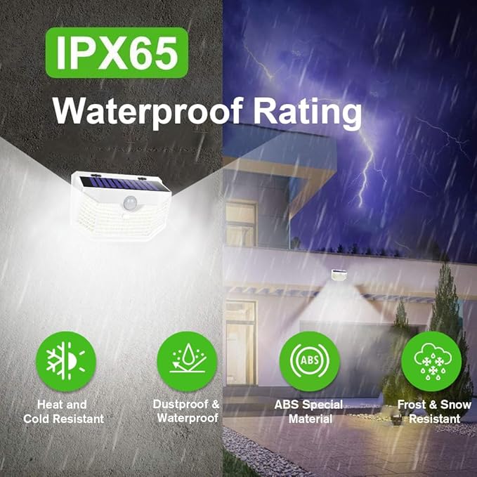 HMCITY 120 LED Solar Lights Outdoor with Motion Sensor and 3 Lighting Modes, IP65 Waterproof Wide Solar Wall Lights Ideal for Garden Patio Yard (Front Button 2Packs, White Shell-Daylight White) LightingUpYourLife