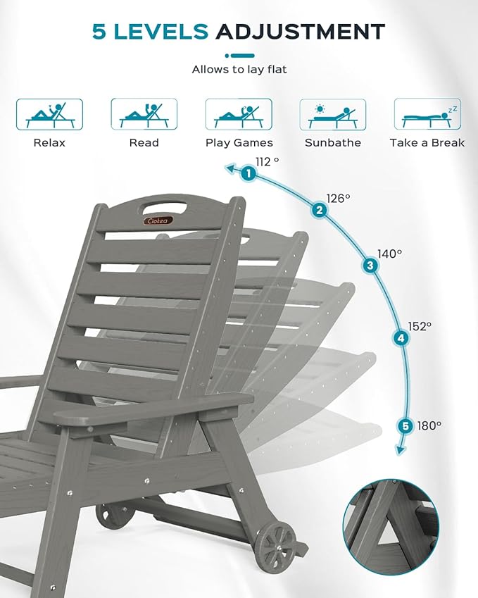 Outdoor Lounge Chair Set of 4, All Weather Patio Chaise Lounge Chairs for Outside, HDPE Chair with Rolling Wheels & Cup Holder, 5 Position, Deck, Pool, Grey CIOKEA