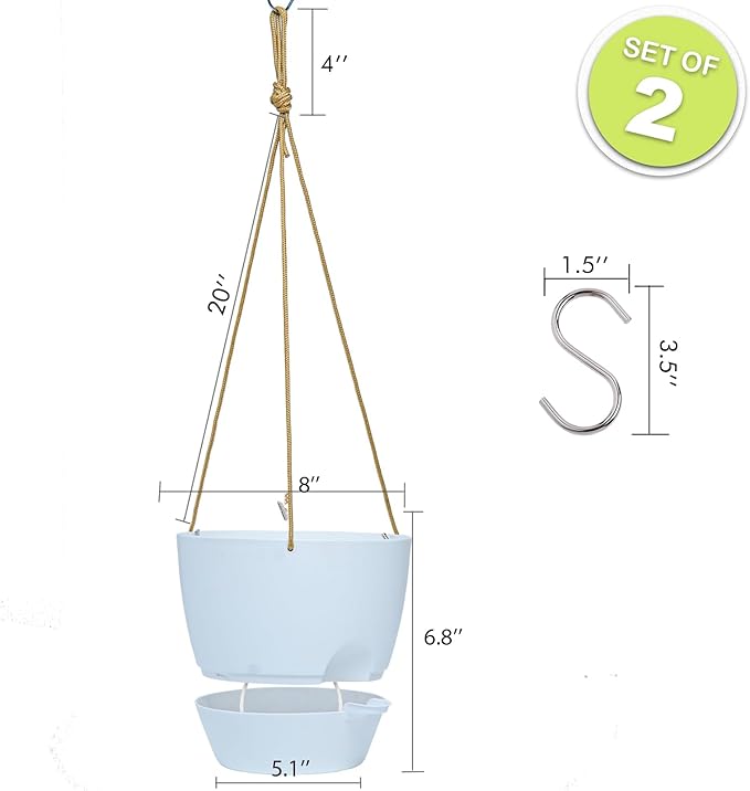 8 inch Hanging Planters, 2 Pack Self Watering Hanging Pots with 20oZ Deep Reservoir for Indoor Outdoor Plants Flowers, White SwinDuck
