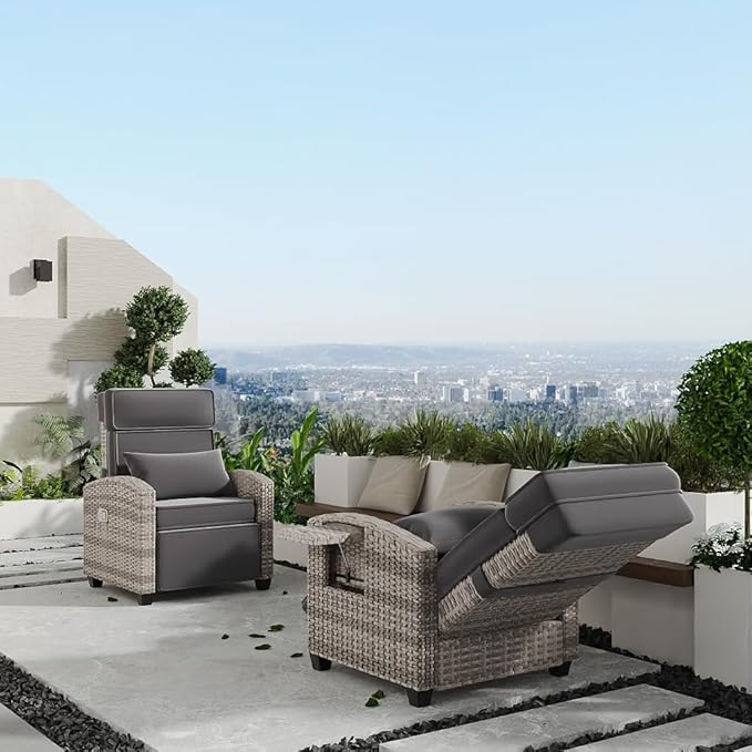 Garvee Outdoor Recliner Chair, 145° Adjustable Backrest & Footrest Lounge Chair with Removable Cushion and Flip-Up Side Table, All-Weather PE Wicker & Steel Frame for Poolside, Deck, Balcony, Khaki Garvee