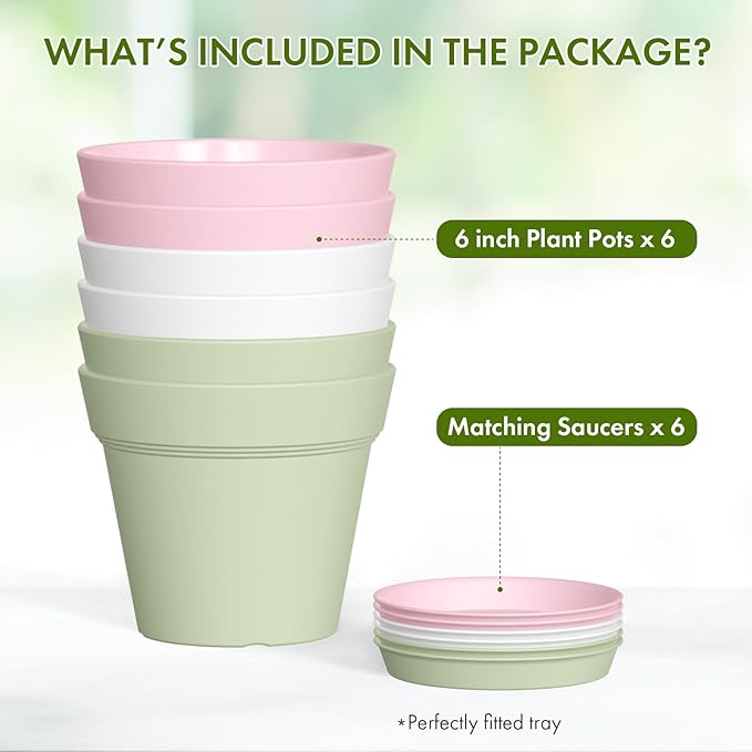6 Inch Thick Plastic Plant Pots with Drainage Holes and Trays – 6 Pack Nursery Pots for Indoor & Outdoor House Plants, Seedling Starter Planters for Garden Flowers, Colorful WSMKSZ