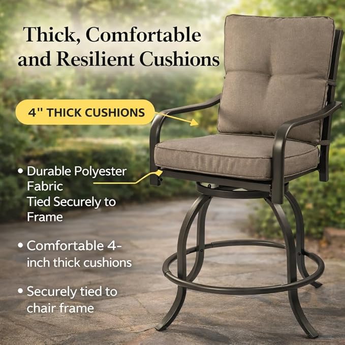 Kozyard Isabella Outdoor Swivel Bar Chairs, Counter Height Patio Bar Stools Set of 2 with Cushioned Seats, All-Weather Metal Bistro Chairs for Backyard Dining Beige Kozyard