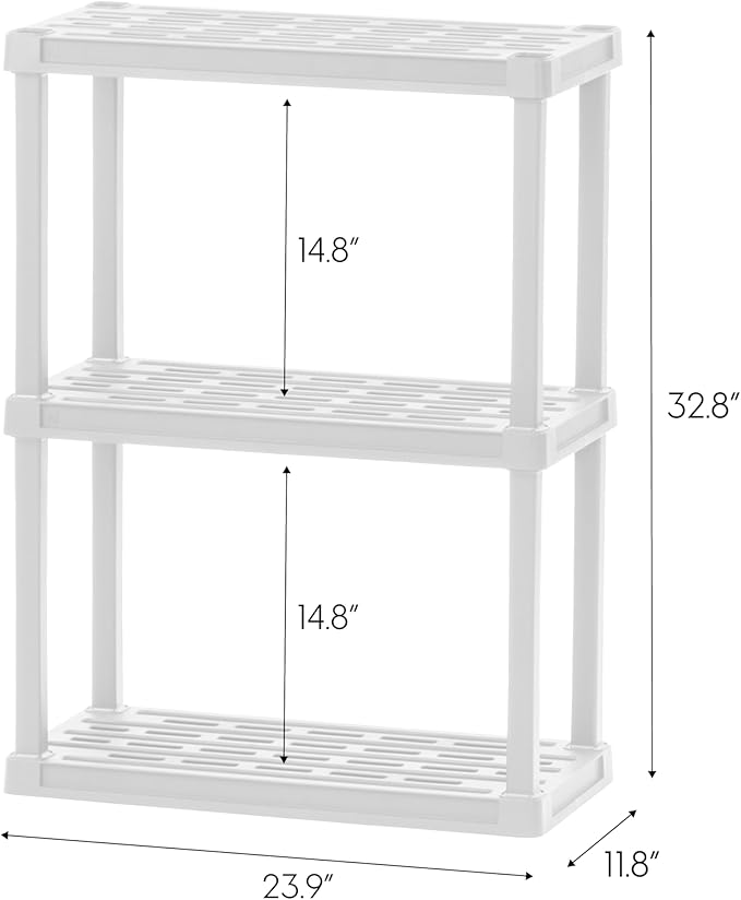 IRIS USA 3-Shelf Light Duty Plastic Storage Shelves, 150lb Capacity, 33" H x 24" W x 12" D, Medium Modular Shelving Unit Storage Organizer for Bathroom, Laundry, Garage & Home, Storage Rack - White IRISUSA