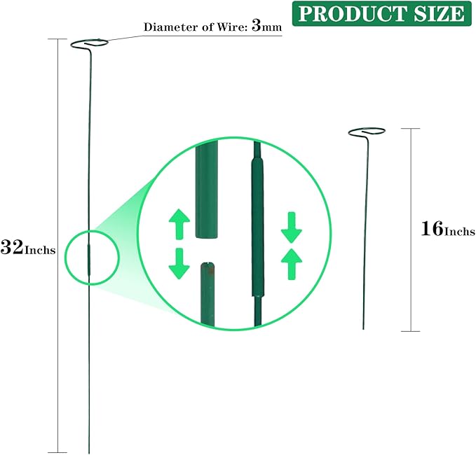 4 Pack Plant Stakes,Plant Support Stakes for Two Sizes(16 or 32 Inches),Plant Stakes for Outdoor Plants,Garden Flower,Tomato(Green) PFNRTH