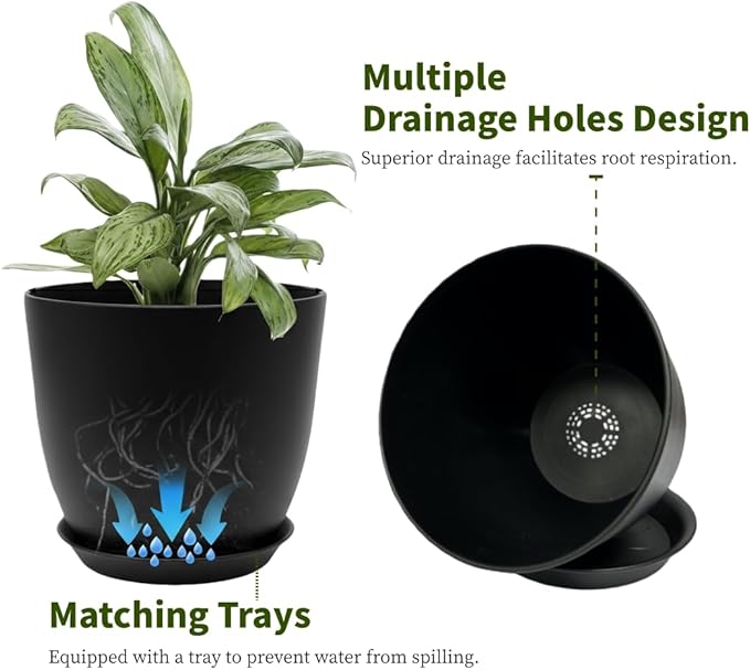 Plant Pots 8 Inch Set of 6, Flower Pots with Drainage Holes and Saucer, Plastic Garden Planters for Indoor & Outdoor Plants (Black) Vanslogreen