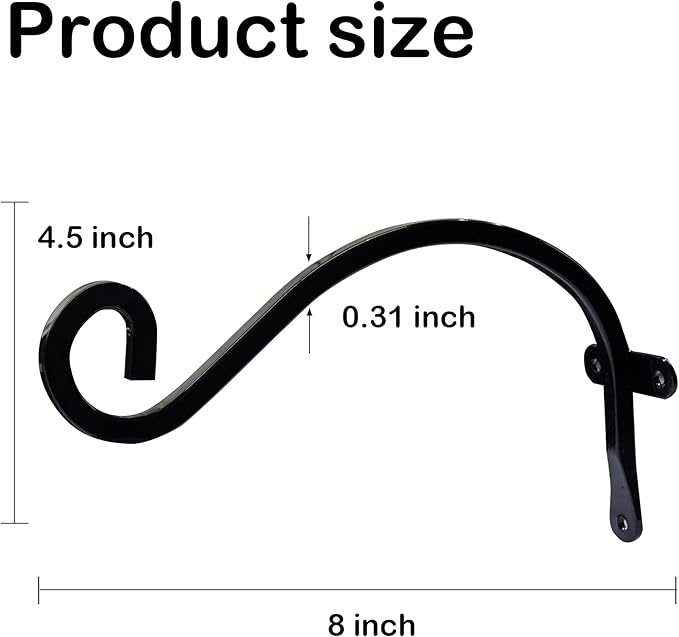 Hourleey 4 Pack Plant Hanger Outdoor, 8 Inch Heavy-Duty Hanging Plant Hook for Outside Basket, Black Metal Wall Mount Plant Bracket Hook for Flower Baskets Bird Feeder Hourleey