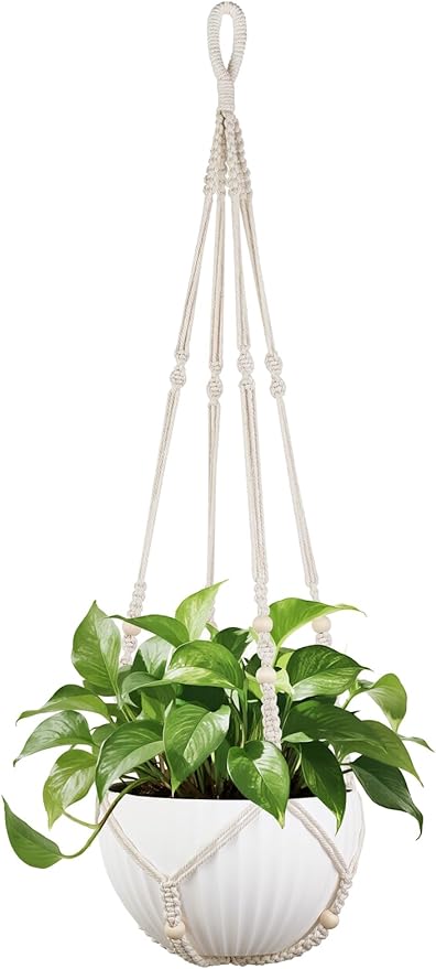 Mkono 43 Inch Macrame Plant Hanger Large for up to 12 Inch Pot Extra Long Hanging Plant Holder No Tassels Hanging Planter Basket with Wood Beads for Indoor Outdoor Boho Home Decor, Ivory Mkono