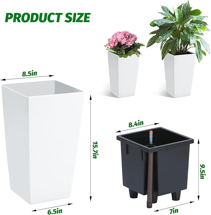 Garvee 16" Tall Planters Set of 2, Outdoor＆Indoor Black Planter Pots, High Front Porch Planter Pots with Drainage Holes＆Water Level Monitor＆Inner Bucket,White Garvee