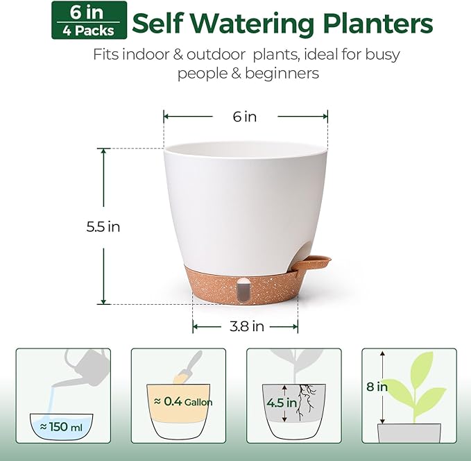 T4U 4 Pack 6 Inch Self Watering Pots - Water Level Indicator & Deep Reservoir, Mess-Free Planter for Busy People, Beginners & Gardeners, Fit Herbs/Pothos/Succulents Plants, Indoor Outdoor Use (White) T4U