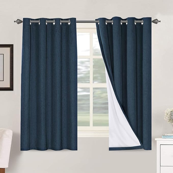 H.VERSAILTEX Linen Blackout Curtains 63 Inches Long 100% Absolutely Blackout Thermal Insulated Textured Linen Look Curtain Draperies Anti-Rust Grommet, Energy Saving with White Liner, 2 Panels, Navy HVERSAILTEX