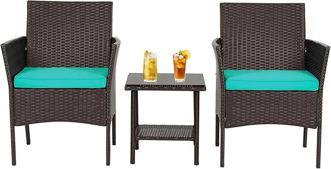 FDW | 3-Piece Patio Furniture Set | Brown & Blue | Outdoor Wicker Furniture with Coffee Table | Modern Rattan Chairs Conversation Set | Outdoor Seating | Weather-Resistant | for Porch, Garden, Lawn FDW