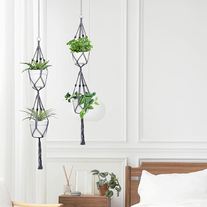 Belit 2 Pack Double Macrame Plant Hangers 2 Tier Hanging Planter Basket Decorative Flower Pot Holder Rope for Indoor Outdoor Home Decor 51 Inch, Grey Belit