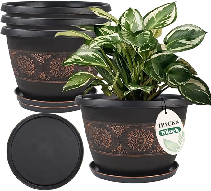 4 Pack 10 inch Plant Pots, Retro Pattern Planters with Drainage Holes and Saucer, Sturdy Plastic Garden Flower Pots for Indoor & Outdoor Plants Usocik