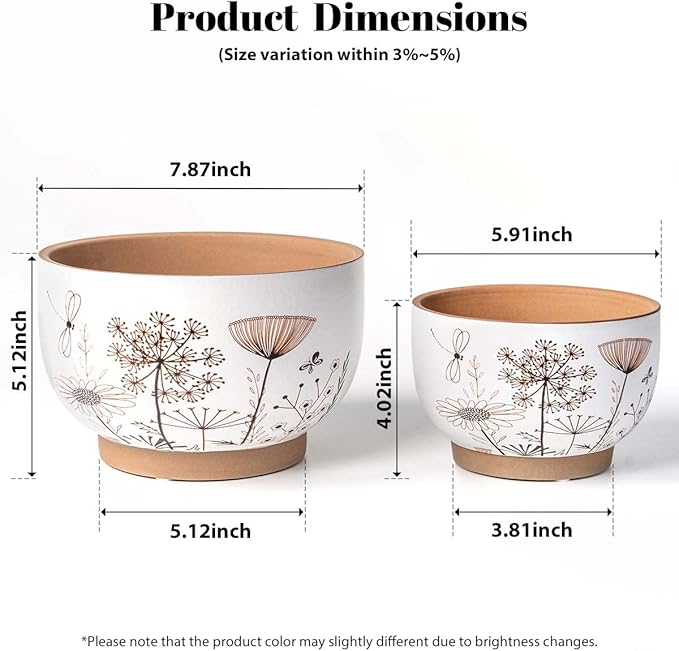 YBX 8 Inch + 6 Inch Ceramic Plant Pots, Succulent Flower Pots with Drainage Holes, Terracotta Planters for Indoor Plants, White&Terracotta (Garden) YBXYIBOXUAN
