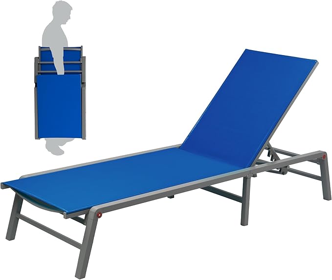 Kozyard Outdoor Foldable Lounge Chair, Aluminum Frame Patio Lounger with 5-Position Adjustable Backrest, Breathable Textilene Fabric, Assemble-Free, Reclining Full-Flat Poolside(Blue) Kozyard