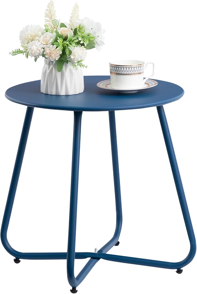 HollyHOME Round Metal Side Table, Rust-Resistant Patio Small Plant Stand, Outdoor 17.32'' Portable End Table for Balconies, Gardens, Living Rooms and Bedrooms, Navy Blue HollyHOME