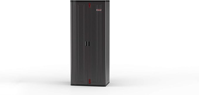 Suncast 19 Cubic Ft. Heavy-Duty Resin Cabinet with Lockable Handles, Multi-Wall Construction, and Metal-Reinforced Shelves for Basement, Utility Room and Garage Storage, Black, Made in the USA SuncastCommercialProducts