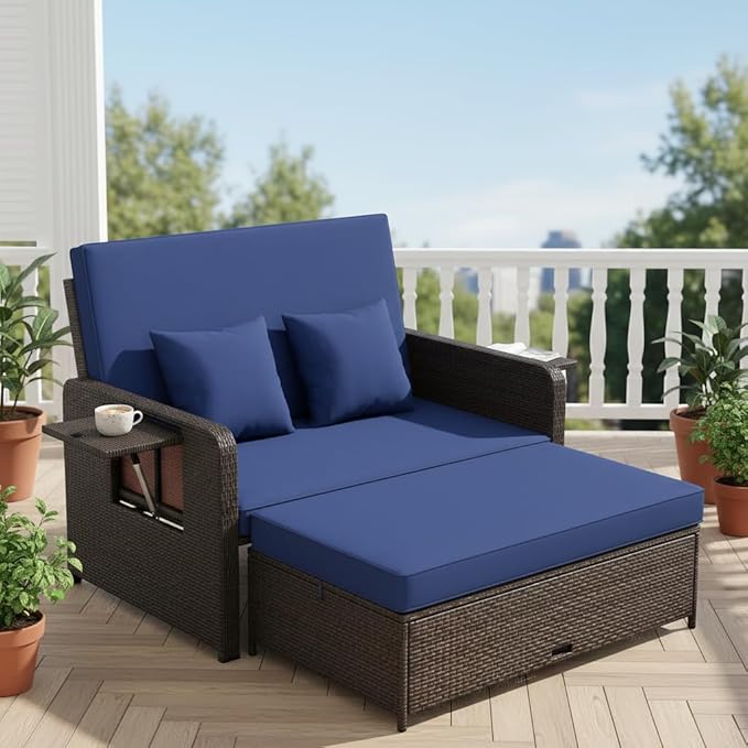 Tangkula Patio Rattan Daybed with 4-Level Adjustable Backrest, Outdoor PE Wicker Loveseat with Storage Ottoman & Folding Side Tray, Double Sunbed Lounger for Balcony, Backyard & Poolside, Navy & Brown TANGKULA