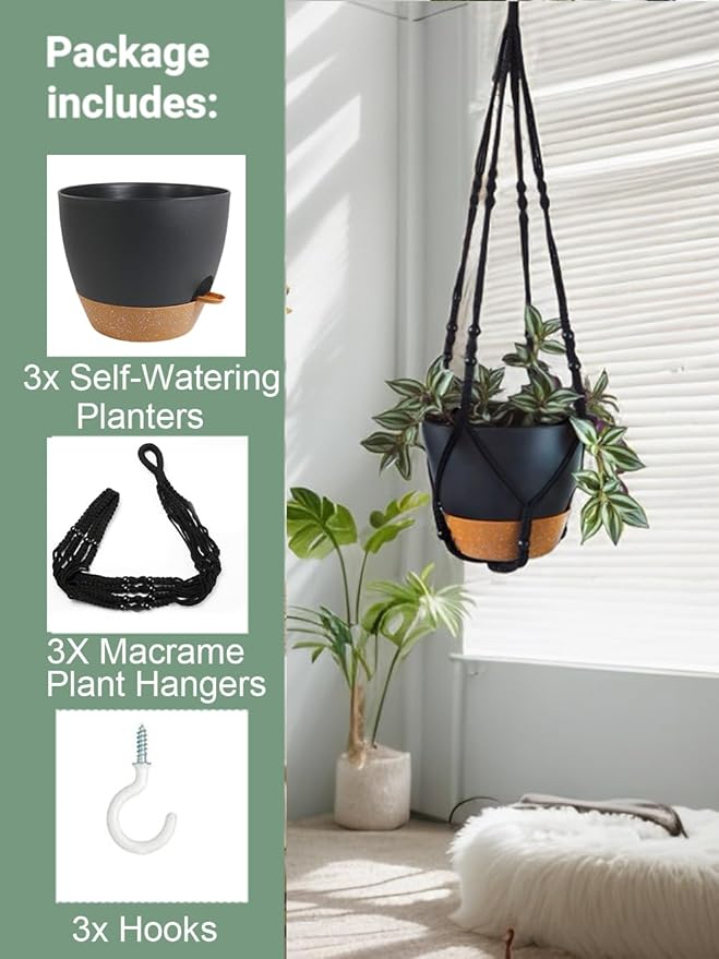3 Pack Self Watering Hanging Planters Macrame Plant Hangers with Indoor Flower Pots 10" / 8" / 7", 3 Different Size Hanging Basket, Plant Hanger with Hooks for Garden Home Decor Black Large Bouqlife