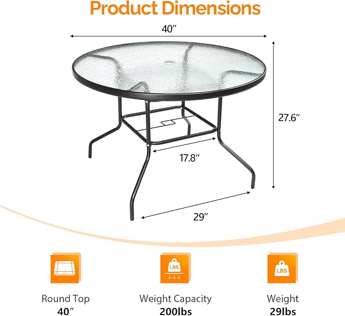 VINGLI Round Patio Table with Umbrella Hole, 40" Outdoor Dining Table Steel Tempered Glass Patio Tables Round Outdoor Tables for Balcony Garden Deck VINGLI