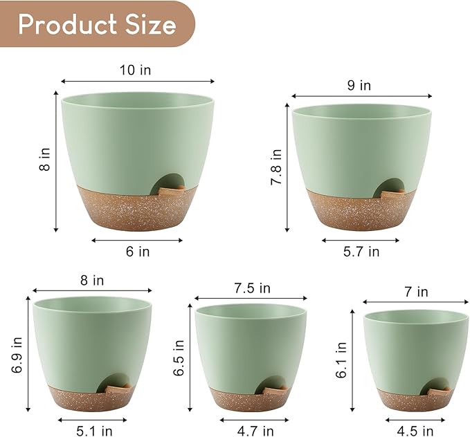 Plant Pots 10/9/8/7.5/7 inch, Self Watering Planters with Drainage Holes & Saucers for Indoor and Outdoor Plants (Green) AFamilyofGardenLovers