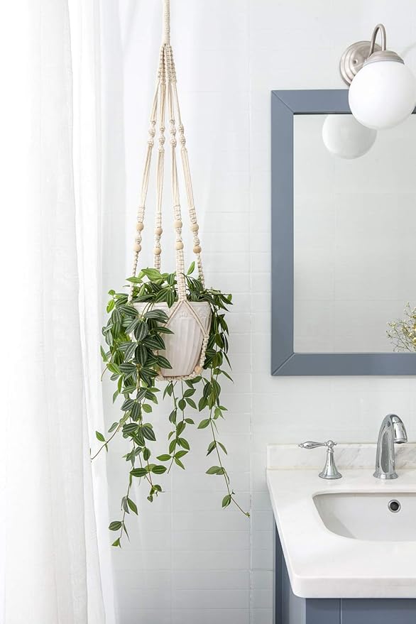 Mkono Macrame Plant Hanger Indoor Hanging Planter Basket with Wood Beads Decorative Flower Pot Holder No Tassels for Indoor Outdoor Boho Home Decor 35 Inch, Ivory, Set of 1 (POTS NOT Included) Mkono