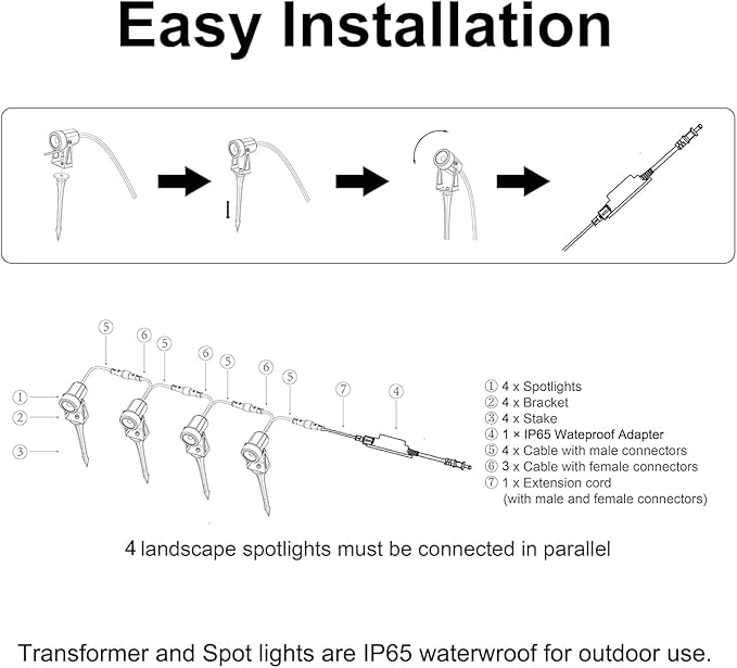 SUNTHIN Outdoor Landscape Lighting, 4 Pack Outdoor Spot Lights with Transformer for Yard, Plant, Lawn, Tree, Flags, House, Garden, Fence Use, IP65 Waterproof & Connectable SUNTHIN