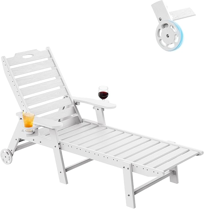 Carauci Lounge Chair Outdoor, HDPE Chaise Lounge with Wheels, 5-Position Adjustable Backrest & 2 Cup Holders Patio Lounge Chair, All-Weather Pool Sun Lounger for Poolside, Backyard, White Carauci