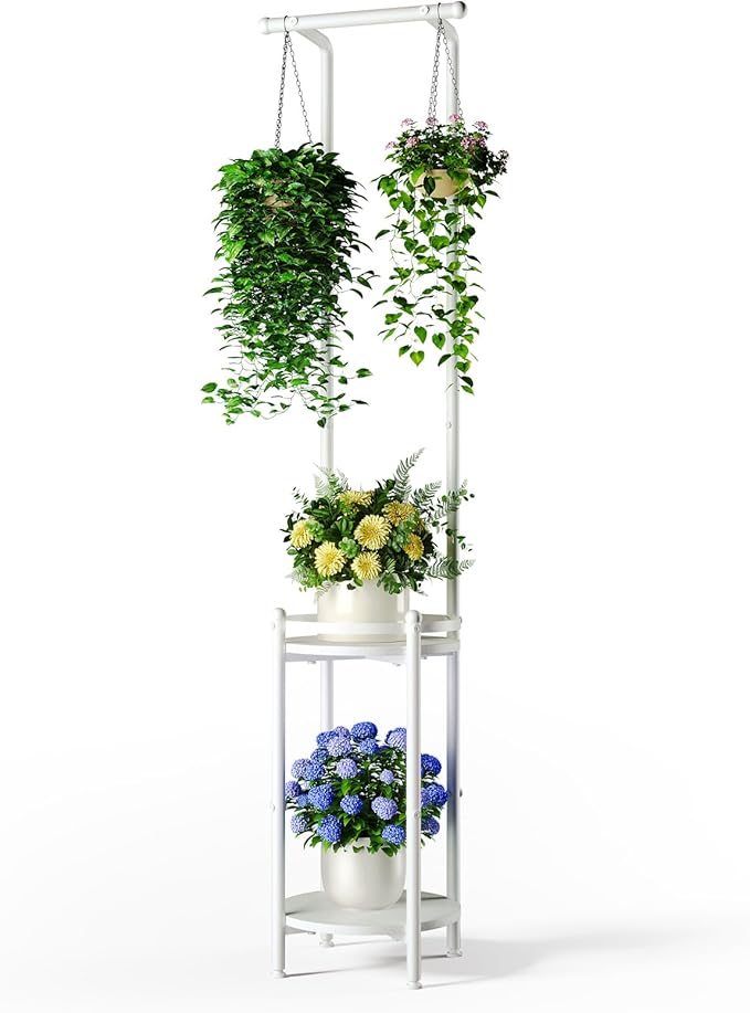 Plant Stand Indoor Outdoor - Heavy Duty Metal 2-tier Hanging Plant Holder Space-Saving Iron Plant Stands Tall Plant Shelf for Living Room Garden Balcony (White) Homsorout