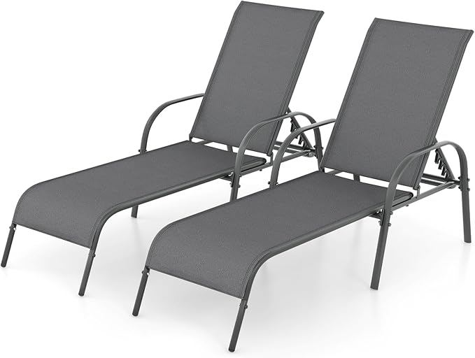 Giantex 2 Pack Patio Lounge Chair, Outdoor Chaise Lounge with 5 Adjustable Backrest, Sturdy Steel Frame, Sunbathing Recliner, Tanning Chair for Beach, Outside, Yard, Balcony, Pool Chairs (2,Dark Gray) Giantex